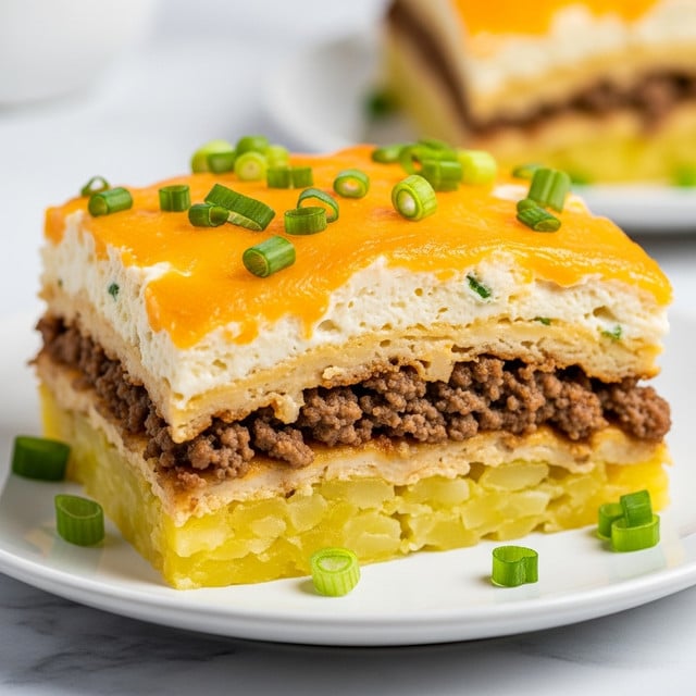 A thick slice of layered casserole sits on a white plate, featuring multiple layers including a bottom of cooked yellow potatoes, a middle layer of browned ground meat, and a top covered in melted, golden cheddar cheese mixed with creamy white sauce. The top is sprinkled with chopped green onions, adding a fresh green contrast. The texture varies from soft and creamy in the sauce and cheese layers to slightly crispy on the edges. The background shows another plate of food blurred out on a white marbled surface. Photo taken with an iphone --ar 4:5 --v 7