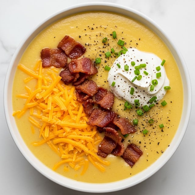 A bowl of thick, creamy yellow soup fills the white bowl, topped with bright orange shredded cheddar cheese scattered mostly on one side. Crispy brown bacon pieces are spread unevenly over the soup, some resting on the cheese and some on the soup alone. A dollop of smooth white sour cream sits near the top right, sprinkled lightly with finely chopped green chives and small cracks of black pepper all over. The bowl rests on a white marbled surface. Photo taken with an iphone --ar 4:5 --v 7