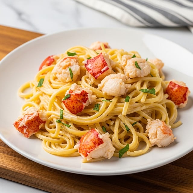 A white round plate holds a pile of creamy pasta mixed with chunks of cooked lobster meat scattered evenly throughout. The pasta noodles are light yellow and coated in a smooth sauce, giving them a glossy look. Small green herb pieces are sprinkled on top, adding contrast to the whites and reds of the lobster and cream sauce. The plate sits on a wooden board, with a blurred white marbled surface and a striped cloth in the distant background. photo taken with an iphone --ar 4:5 --v 7