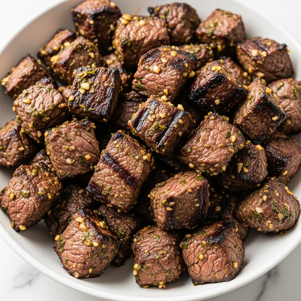 A close-up view of many small cubes of cooked beef piled on a white plate, each cube showing a browned, crispy outside with a glossy texture. The beef pieces have a golden-brown color with visible green herbs and small bits of minced garlic on top, adding texture and color contrast. The cubes are thick and unevenly shaped, stacked closely together, filling the plate. The background is a white marbled surface. photo taken with an iphone --ar 4:5 --v 7