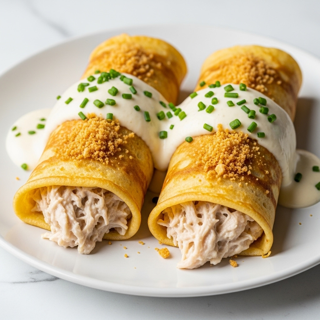 The image shows two golden-brown rolled crepes placed side by side on a white plate with a white marbled texture surface beneath. Each crepe is filled with creamy shredded chicken that slightly spills out at the ends. A smooth, white creamy sauce is generously poured over the top of both crepes, pooling around the base, and sprinkled with finely chopped green chives. The crepes are topped with a light dusting of crispy, golden crumbs, adding texture to the soft crepe surface. The overall look is rich and inviting with a mix of creamy, crispy, and tender textures. Photo taken with an iphone --ar 4:5 --v 7