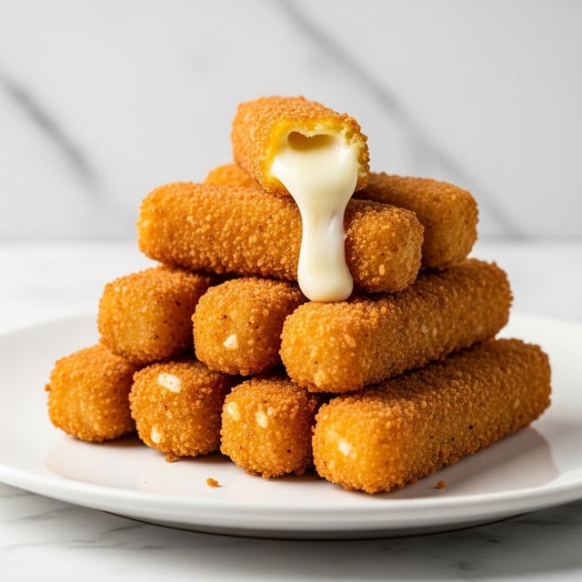 A stack of eight golden brown, crispy fried mozzarella sticks sits on a white plate, arranged in a slightly uneven pile with one stick placed on top showing creamy white melted cheese oozing out from its end. Each stick has a crunchy, textured coating with small bits of browned breadcrumbs. The background is a white marbled texture counter in soft natural light, highlighting the warm, inviting color of the cheese sticks. photo taken with an iphone --ar 4:5 --v 7