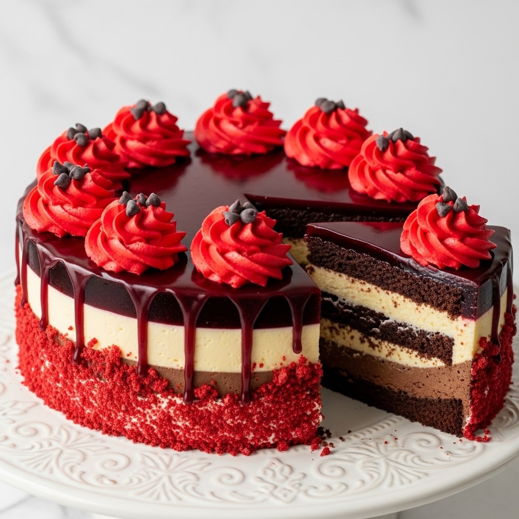 A round cake with four clear layers stands on a white ceramic cake stand with ornate designs. The bottom layer is dark chocolate, followed by a thick cream cheese layer in pale yellow. Above that is a thin, glossy dark red jelly layer. The top surface is covered in a shiny dark red glaze that drips slightly down the sides. The sides of the cake are partly coated with crushed red cake crumbs. On top, eight swirls of bright red frosting are evenly spaced around the edge, each swirl decorated with small dark chocolate chips and pieces. A slice is missing, showing the clean cut and layers inside. The background is a simple white marbled texture. Photo taken with an iphone --ar 4:5 --v 7