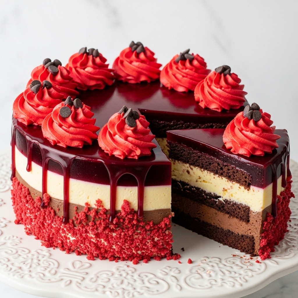 A round cake with three visible layers sits on an ornate white cake stand against a white marbled texture. The bottom layer is dark chocolate, dense and rich, topped by a thick cream-colored layer. Above this is a thin dark red jelly-like layer that drips slightly down the creamy middle layer. The outside of the cake is decorated with red cake crumbs clinging to the bottom half. The top is coated with a shiny, dark red glaze that drips partly down the sides, and is decorated with eight swirls of bright red frosting, each topped with small chocolate chips and chunks of chocolate. One slice has been removed, showing the distinct layers clearly. Photo taken with an iphone --ar 4:5 --v 7