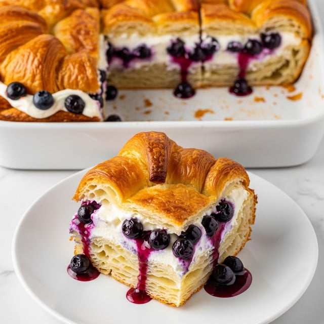A baked blueberry cream cheese croissant casserole shown in two views: the top view reveals many golden-brown croissant pieces arranged closely in a baking dish, each piece with a shiny, crisp surface and visible layered flaky texture, filled with white cream cheese and deep purple blueberry filling oozing from inside; the close-up side view displays one square slice on a white plate with layers starting from a browned and flaky croissant base, topped by a thick, creamy white layer of cream cheese mixed with many glossy whole blueberries and blueberry sauce dripping down the sides, creating a rich contrast of golden, white, and dark purple colors, all placed on a white marbled surface, photo taken with an iphone --ar 4:5 --v 7