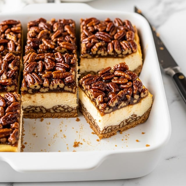 A white baking dish filled with nine square slices of a layered dessert. The bottom layer is a cream-colored, thick and smooth cheesecake. On top of it is a dark brown layer full of small, glossy pecan pieces, appearing sticky and caramelized. One square is lifted showing the two distinct layers clearly. The background is a white marbled surface, and a knife with a dark handle rests near the dish. Photo taken with an iphone --ar 4:5 --v 7