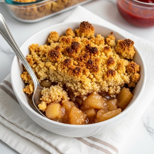 The image shows a white bowl filled with a warm apple crumble dessert. The bottom layer is a soft, cooked apple filling in light brown with small visible apple slices, topped by a crumbly golden-brown crust that appears slightly crispy with darker caramelized spots. A silver spoon is placed inside the bowl, partially scooping the dessert from the left side. The bowl sits on a white cloth with light brown stripes, all set against a white marbled surface. In the background, there is a glass dish with more crumble and a clear container with red sauce visible. Photo taken with an iphone --ar 4:5 --v 7