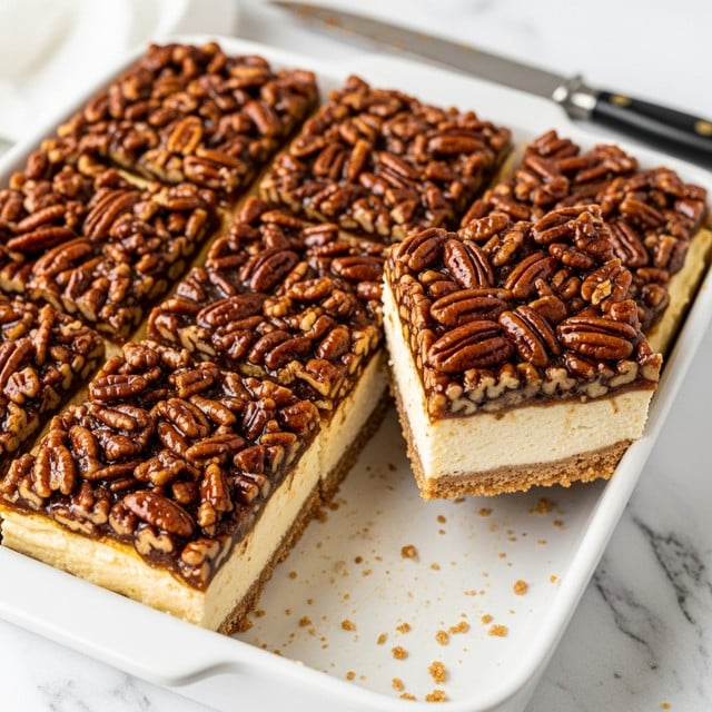 The image shows a close-up of a three-layer dessert slice on a white plate placed on a white marbled surface. The bottom layer is a light brown crust with visible small nut pieces, rough in texture. Above it is a thick, creamy yellow layer that looks smooth and soft. The top layer is a glossy caramel-colored topping with sticky, small nut pieces scattered unevenly. The background shows blurred similar dessert slices. Photo taken with an iphone --ar 4:5 --v 7
