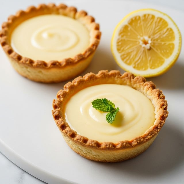 The image shows two small tarts on a white marbled surface, each tart having a crispy golden-brown crust and a smooth, light yellow custard filling inside. One tart is topped with a small green mint leaf, adding a fresh contrast. Next to the tarts is a wedge of bright yellow lemon, providing a pop of color. The texture of the custard looks creamy and soft, while the crust appears flaky. The overall look is fresh and inviting, with soft natural light highlighting the details. photo taken with an iphone --ar 4:5 --v 7