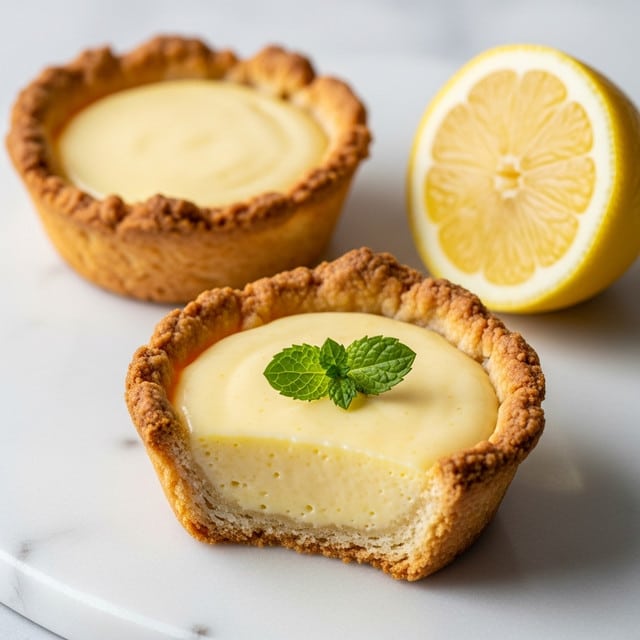 The image shows two small tartlets with flaky, golden-brown crusts placed on a white plate, sitting on a white marbled surface. Each tartlet has a creamy yellow filling with a smooth texture, topped with a small green mint leaf. A lemon wedge is placed near the tartlets, adding a fresh touch. The lighting highlights the flaky edges of the crust and the soft creamy filling, making the tartlets look fresh and inviting. Photo taken with an iphone --ar 4:5 --v 7
