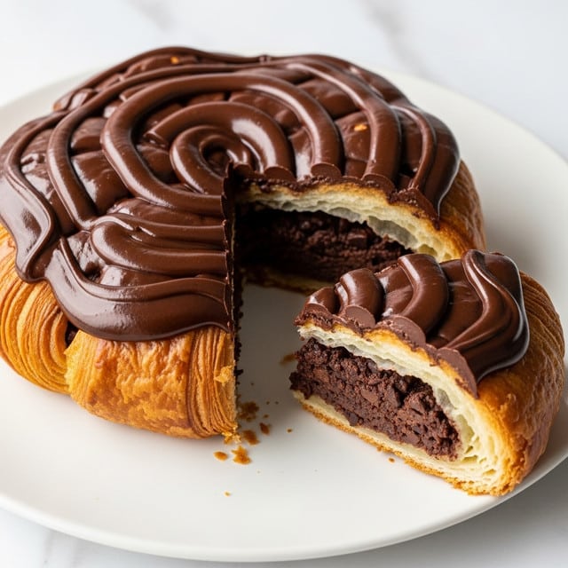 A round pastry with a flaky golden-brown outer crust sits on a white plate over a white marbled background, with a wedge cut out revealing a dense, rich chocolate filling inside. The pastry is topped with large, thick dollops of melted dark chocolate spread unevenly across its surface, creating a glossy, curvy texture contrasting with the crisp layers of puff pastry visible on the edges. The inner chocolate filling appears moist and textured with bits of chocolate chips or chunks throughout. photo taken with an iphone --ar 4:5 --v 7