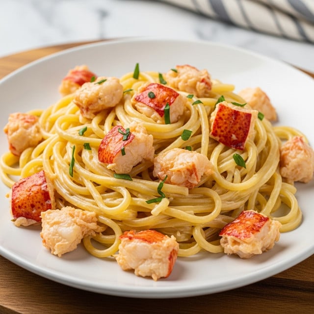 A white plate sits on a wooden board with a nest of thin yellow pasta as the base layer, topped with chunks of creamy white sauce mixed with bright red lobster pieces and light beige scallops. The sauce appears smooth and coats the pasta and seafood evenly, with small flecks of green herbs sprinkled on top for color. The background features a white marbled texture and blurred kitchen elements. photo taken with an iphone --ar 4:5 --v 7