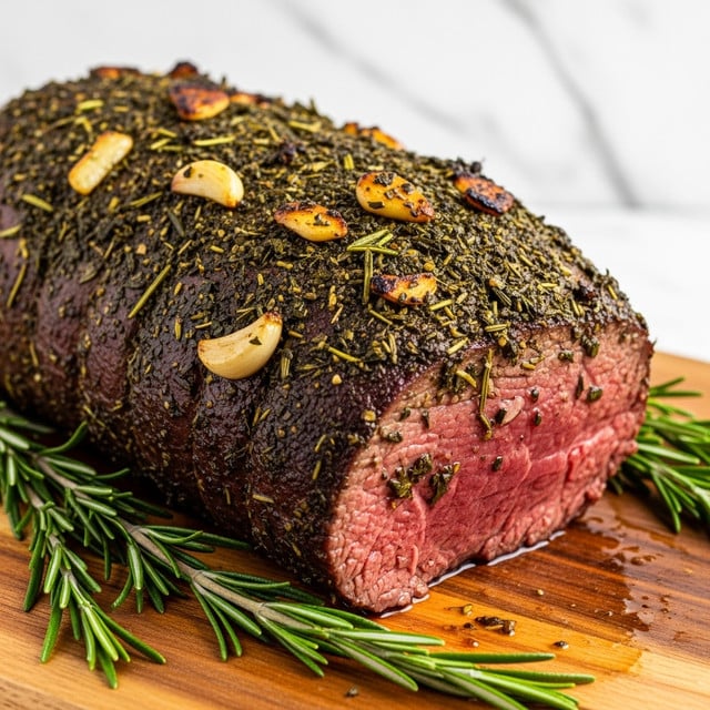 The image shows a close-up view of a thick, herb-coated roast resting on a wooden board. The roast has a dark, crispy outer layer full of green herbs and garlic pieces, with a slightly pink center visible near the bottom edge. Sprigs of fresh rosemary are placed at the base of the roast, adding a vibrant green color. The wooden board has a warm tone and carries some juices from the meat, making the scene look fresh and savory. The background is a white marbled texture. photo taken with an iphone --ar 4:5 --v 7