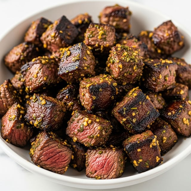 A white bowl is filled with many small cubes of grilled beef, each piece showing a dark brown crispy outer layer with visible char marks and a juicy, slightly pink interior. The beef cubes are coated with a green herb mix that looks like chopped parsley or cilantro, along with small bits of garlic or seasoning, adding texture and color contrast. The beef pieces are piled high, covering the bowl almost fully, and the close-up shot highlights their moist and tender look on a white marbled surface. photo taken with an iphone --ar 4:5 --v 7