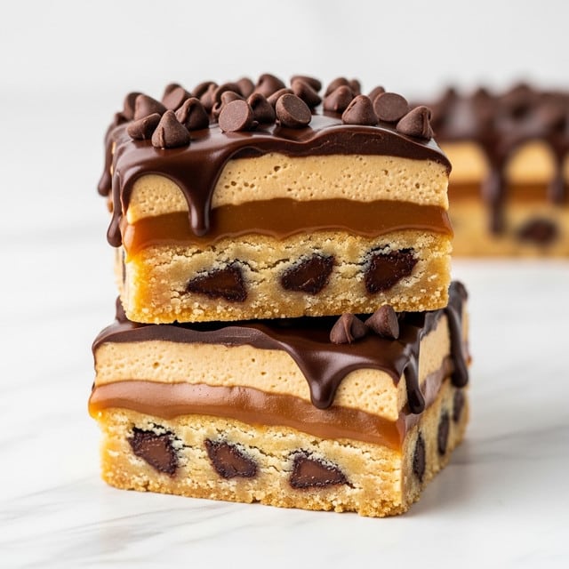 The image shows two stacked dessert bars on a white marbled surface, each with three clear layers. The bottom layer is a light golden-brown cookie dough base with visible dark chocolate chips mixed inside. The middle layer is a thick, smooth caramel layer with a shiny texture. The top layer is glossy, melted chocolate that drips slightly down the sides, with additional solid chocolate chips sprinkled on top. The dessert looks rich and gooey with a mix of soft and crunchy textures. Photo taken with an iphone --ar 4:5 --v 7
