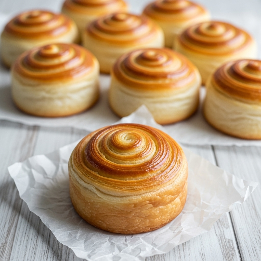 The image shows a close-up of eight golden brown rolls arranged in two rows on a dark wooden board in the background, with a single large roll in the front placed on crumpled white paper. The large roll in the front has several visible layers that form a glossy spiral shape, with a smooth, translucent golden top layer and a soft, flaky texture beneath. The background rolls are slightly matte with a more uniform golden-brown color on top and a soft lighter base. All rolls have a thick, rounded shape and inviting texture. The setting has a white marbled texture underneath, and the light highlights the shiny, moist textures of the rolls well. photo taken with an iphone --ar 4:5 --v 7