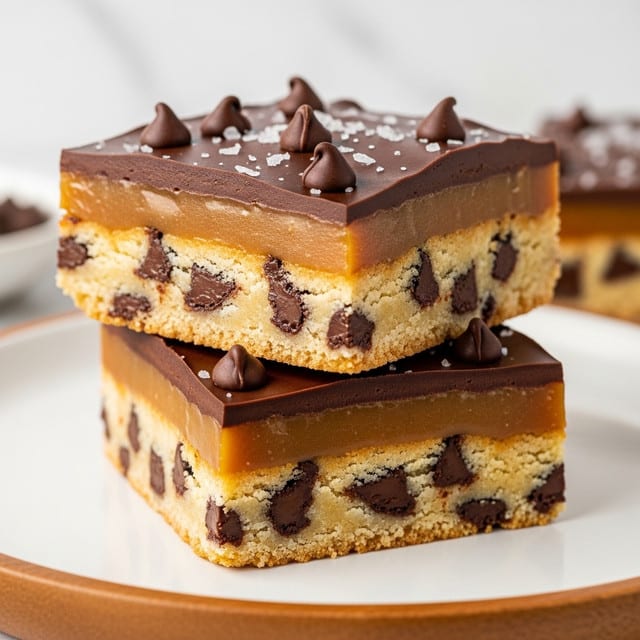 The image shows two stacked square dessert bars with three distinct layers. The bottom layer is a light golden cookie dough with dark chocolate chips spread throughout, giving it a speckled texture. The middle layer is a smooth, thick caramel with a rich amber color that contrasts with the cookie base. The top layer is a glossy, thick chocolate ganache that covers the caramel evenly and is decorated with several small chocolate chips and a sprinkling of coarse sea salt crystals. The bars sit on a wooden plate, which has been changed to a white plate, set against a white marbled background. photo taken with an iphone --ar 4:5 --v 7