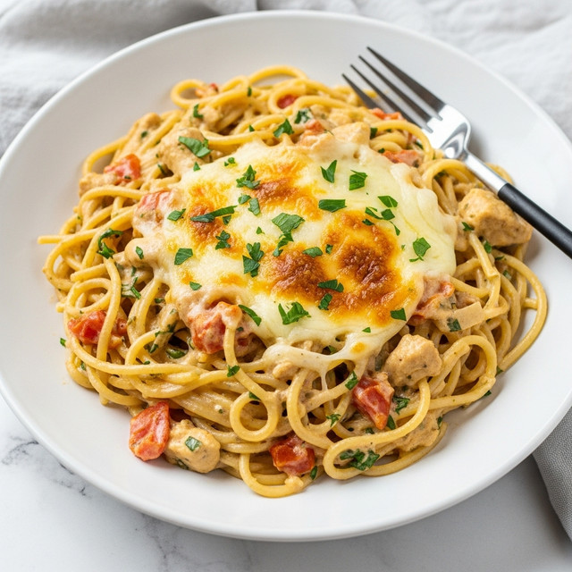 A white plate holds a creamy pasta dish with spaghetti noodles mixed throughout a rich, light beige sauce that has small pieces of diced tomatoes and herbs. On top, there are layers of melted and slightly browned cheese, creating golden spots and a stretchy, gooey texture. Small bits of green parsley are sprinkled across the surface, adding a fresh touch of color. A fork with a black handle rests on the edge of the plate. The plate is set on a white marbled surface with a light cloth partially visible in the background. photo taken with an iphone --ar 4:5 --v 7