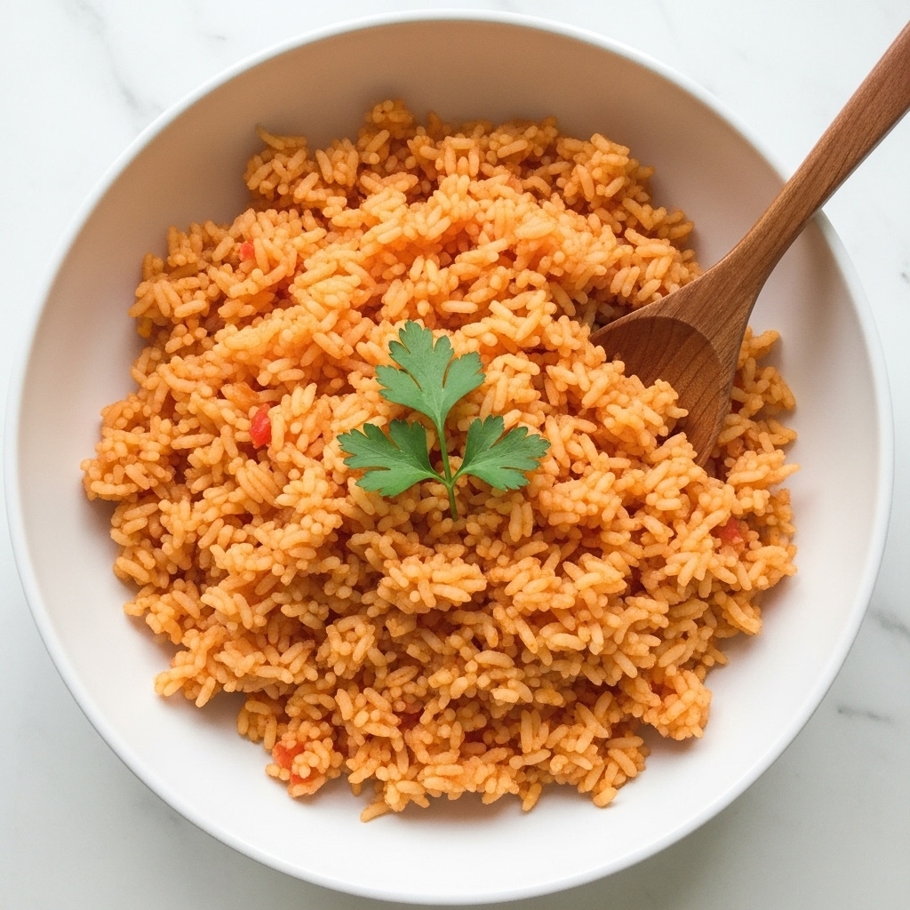 A large white bowl filled with fluffy orange-red rice, each grain separate and cooked to a soft texture. The rice has small bits of red sauce mixed throughout, giving it a slightly uneven color with hints of deeper red. On top, there is a small bright green parsley sprig placed as a garnish. A smooth wooden spoon rests inside the bowl on the right side, partially buried in the rice. The bowl sits on a white marbled surface that adds a subtle, clean background. photo taken with an iphone --ar 4:5 --v 7