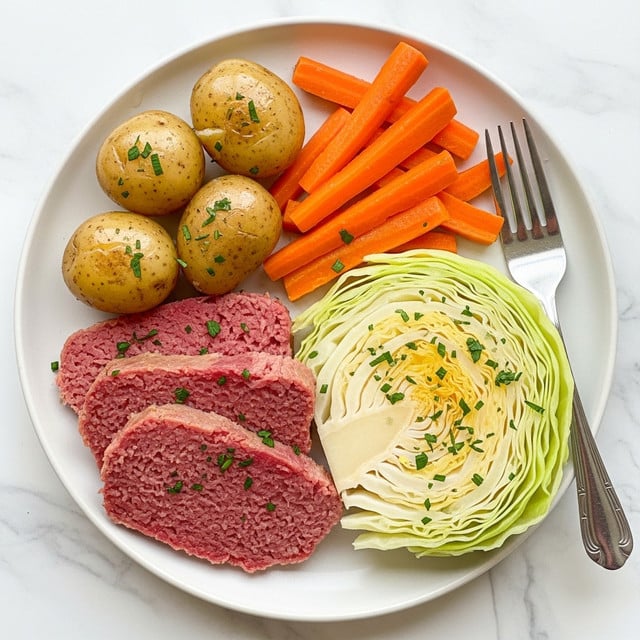 A white plate holds a meal with four main parts: on the left, three slices of pink corned beef with a slightly rough texture and sprinkled with green herbs; above them, three round, light brown cooked baby potatoes with a shiny surface; to the right of the potatoes, several bright orange cooked carrot sticks; and on the far right, a large wedge of soft, pale green cabbage with visible layers, also topped with green herbs. A silver fork is placed on the right edge of the plate, all set on a white marbled surface. photo taken with an iphone --ar 4:5 --v 7