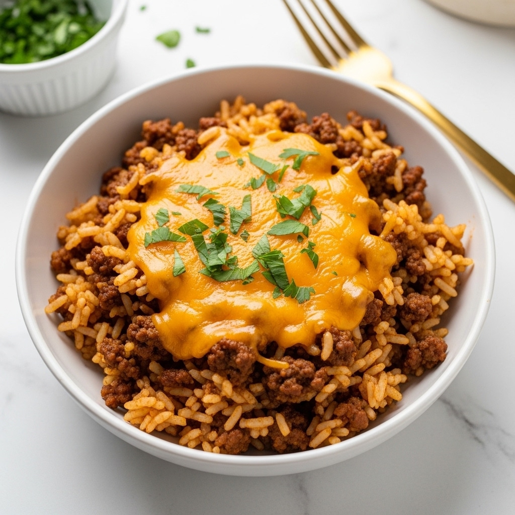 A white bowl filled with a mix of cooked white rice and small pieces of browned ground meat, evenly combined and topped with melted bright yellow cheddar cheese that drapes over the rice and meat. Small sprigs of fresh green parsley are scattered across the top, adding a touch of color and freshness. A silver spoon is placed inside the bowl, resting on the side. The bowl sits on a dark wooden surface with a soft, light cloth draped in the background. photo taken with an iphone --ar 4:5 --v 7