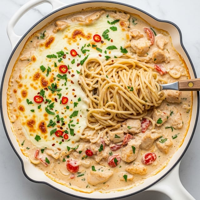 The image shows a creamy spaghetti dish in a white cast iron pan. The dish has three main visible layers: the bottom layer is a thick, creamy white sauce mixed with small red tomato pieces and small green herb bits; the middle layer consists of light beige spaghetti noodles twisted and held up by a metal spoon with a wooden handle; the top layer is melted white cheese with a slightly browned texture, sprinkled with chopped green herbs and tiny red chili flakes. The sauce has some chunks of cooked chicken mixed throughout, visible as light brown pieces scattered evenly. The background surface is white marbled texture. photo taken with an iphone --ar 4:5 --v 7