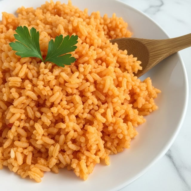 A close-up view of a white plate filled with bright orange-red cooked rice that looks fluffy and slightly oily, with grains clearly separated. On top, there are three fresh green parsley leaves adding a small pop of color, and a wooden spoon partially resting on the edge of the plate, touching the rice. The plate sits on a white marbled surface that adds a clean and bright background. Photo taken with an iphone --ar 4:5 --v 7