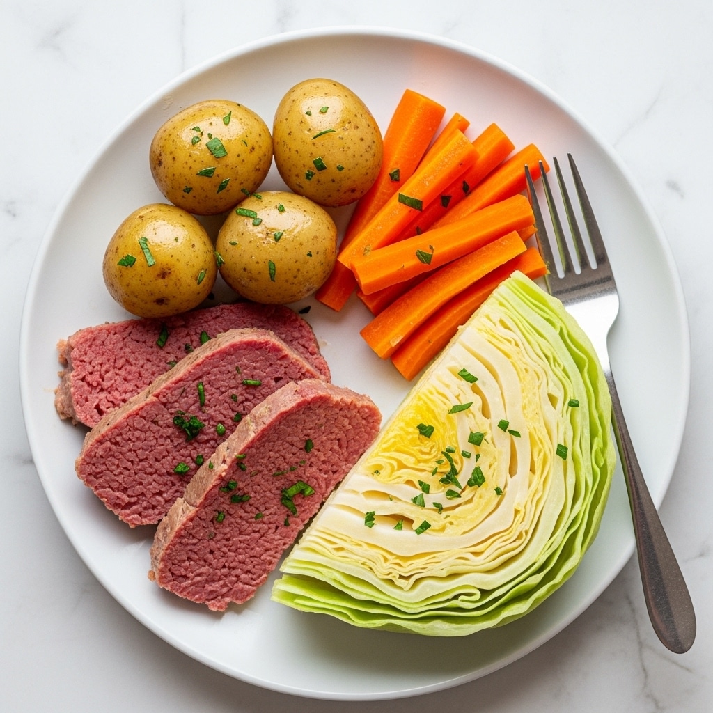The dish shows a white oval plate filled with several layers of thinly sliced corned beef in the center, having a pinkish color and tender texture. At the bottom left, there are layers of pale green cabbage with a glossy texture, sprinkled lightly with herbs. Bright orange carrot chunks are scattered across the cabbage and plate edges, along with small, round light brown potatoes. The background surface is white with a soft marbled texture. photo taken with an iphone --ar 4:5 --v 7