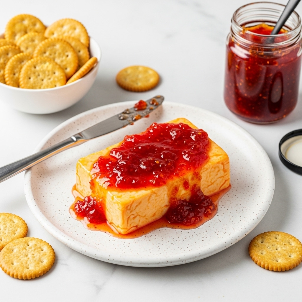 A single thick block of bright yellow-orange cheese covered with a shiny, chunky, red chili jelly sauce sits in the center of a round white speckled plate. The jelly sauce pools slightly underneath the cheese and glistens under the light, while a silver knife with traces of jelly rests near the top edge of the plate. Around the plate, several light brown crackers are placed in a white bowl and scattered on the white marbled surface, next to an open jar of chunky red chili jelly with a black spoon inside. photo taken with an iphone --ar 4:5 --v 7
