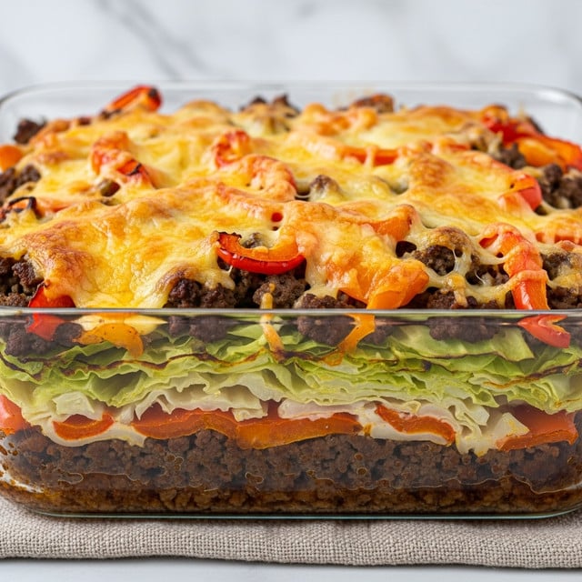 The image shows a glass baking dish filled with a layered casserole. The bottom layer is made of cooked cabbage leaves, light green and slightly translucent with soft texture. On top of that is a thick layer of cooked ground beef, brown and crumbly, spread evenly. Scattered red bell pepper pieces add bright orange-red pops throughout the dish. The top is covered with melted cheese, glossy and smooth in shades of light yellow and orange, with some cheese bubbling up around the edges. The dish sits on a grey cloth on a white marbled surface. Photo taken with an iphone --ar 4:5 --v 7