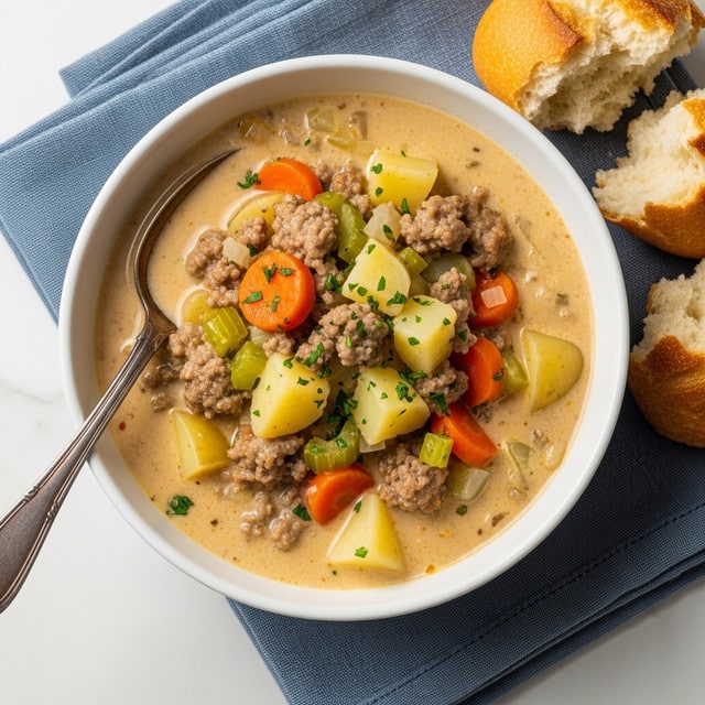 A close-up top view of a white bowl filled with thick, creamy soup showing visible chunks of light yellow potatoes, small orange carrot pieces, and ground brown sausage mixed with bits of green celery, all covered in the creamy broth with green herb sprinkles on top. The soup has a rich, slightly textured look with some small lumps of sausage and vegetables clearly seen. A vintage silver spoon rests on the left side inside the bowl, and next to the bowl on a folded blue cloth napkin on a white marbled surface, there are torn pieces of crusty white bread with a browned crust. photo taken with an iphone --ar 4:5 --v 7