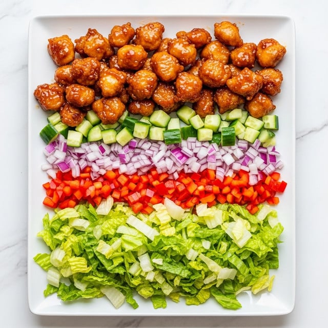 A white rectangular plate on a white marbled surface holds a colorful salad with four layers: the bottom layer has light green chopped lettuce with crisp texture, the second layer is a mix of finely chopped red bell pepper and small cucumber cubes, the third layer has tiny bits of purple onion scattered evenly, and the top layer is made up of small, glossy, golden-brown pieces of cooked chicken coated with a shiny sauce, creating a vibrant mix of textures and colors all spread across the plate. Photo taken with an iphone --ar 4:5 --v 7