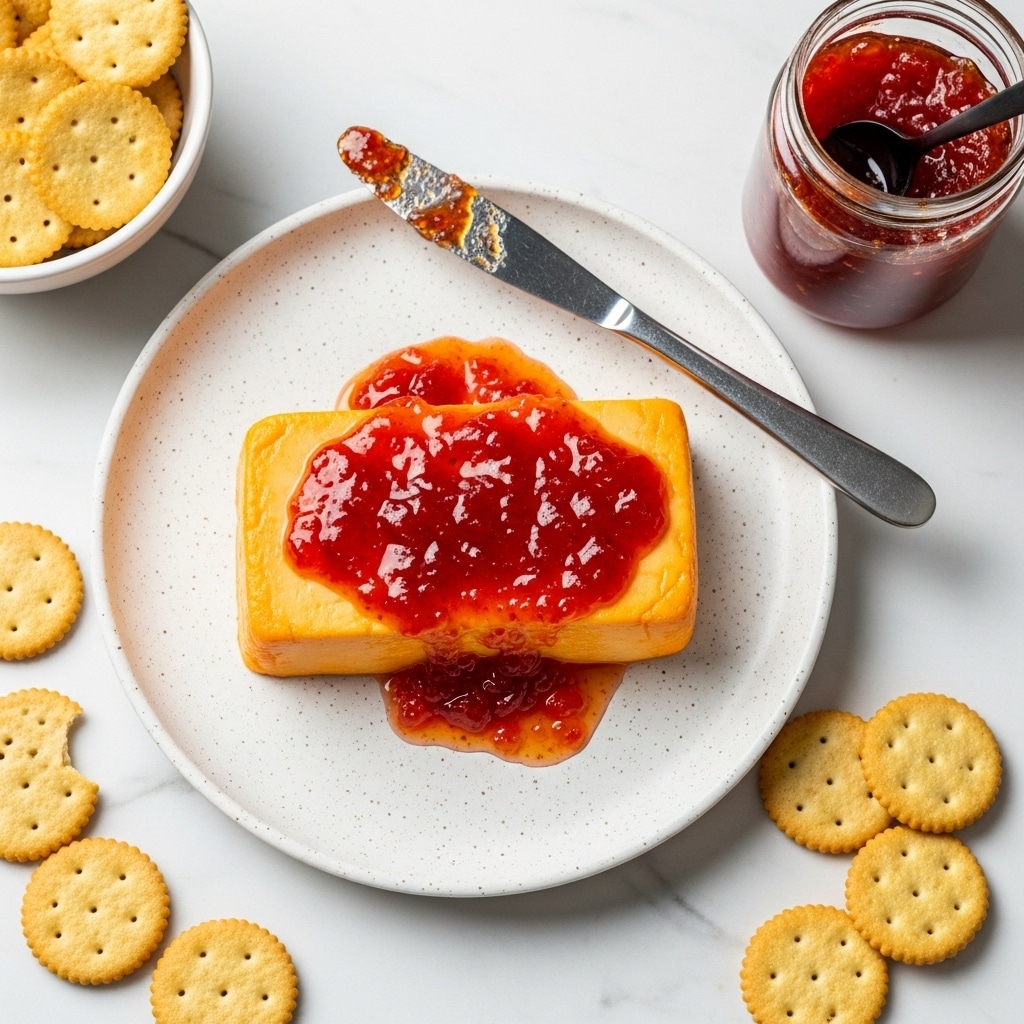 A rectangular piece of white cheese sits in the center of a white speckled plate, covered thickly with a bright orange, glossy chili sauce that has visible small red chili flakes and seeds. The sauce spreads beyond the edges of the cheese, pooling onto the plate. In the background, there is a white bowl filled with light brown crackers and a glass jar with a red label showing more chili sauce. The surface underneath is a white marbled texture. A silver knife with some sauce on it lies beside the cheese on the plate. Photo taken with an iphone --ar 4:5 --v 7
