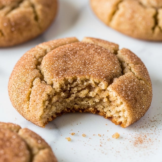 A close-up of a soft cinnamon sugar cookie with a bite taken out of it, showing its light, crumbly inside. The cookie is round with a slightly cracked surface, generously coated with a layer of cinnamon and sugar that gives it a textured, speckled brown top. The cookie sits on a white marbled surface that has some scattered cinnamon sugar around it. Photo taken with an iphone --ar 4:5 --v 7