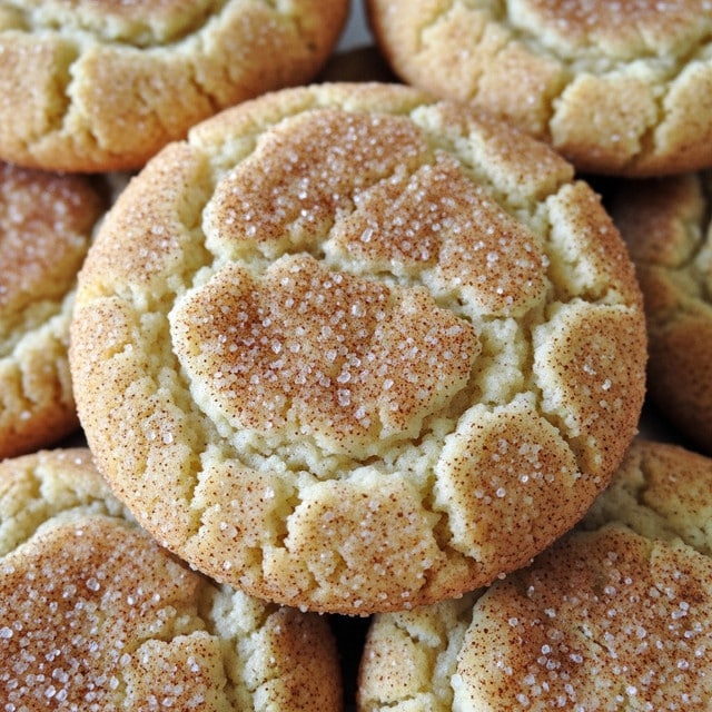 The image shows several round cookies tightly stacked, each covered with a rough layer of sugar and cinnamon, giving them a grainy texture. The cookies are light golden-brown with slightly darker edges, showing a bit of uneven, cracked surface texture that looks soft yet slightly crispy. The close-up view focuses on one cookie in the center, highlighting the sparkling sugar crystals on top and the fine cinnamon dusting. The background consists of more cookies, blurred softly but showing the same color and texture patterns. photo taken with an iphone --ar 4:5 --v 7