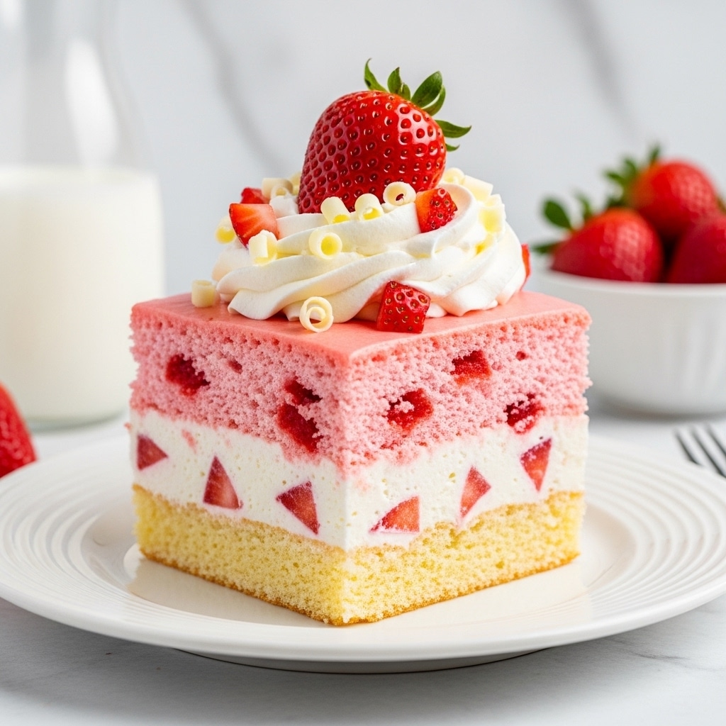 A square piece of layered strawberry dessert sits on a white plate with subtle ridges around the edge. The bottom layer is a light yellow sponge cake, soft and moist. Above it is a thick white cream mixed with small pieces of red strawberry. The third layer is a pink, fluffy cake with bits of strawberry throughout, adding texture and color. On top, there is a generous swirl of white whipped cream crowned with a whole bright red strawberry and small white chocolate curls scattered around it. The background shows a white marbled texture, with a soft focus on a glass of milk and a bowl of strawberries nearby. Photo taken with an iphone --ar 4:5 --v 7