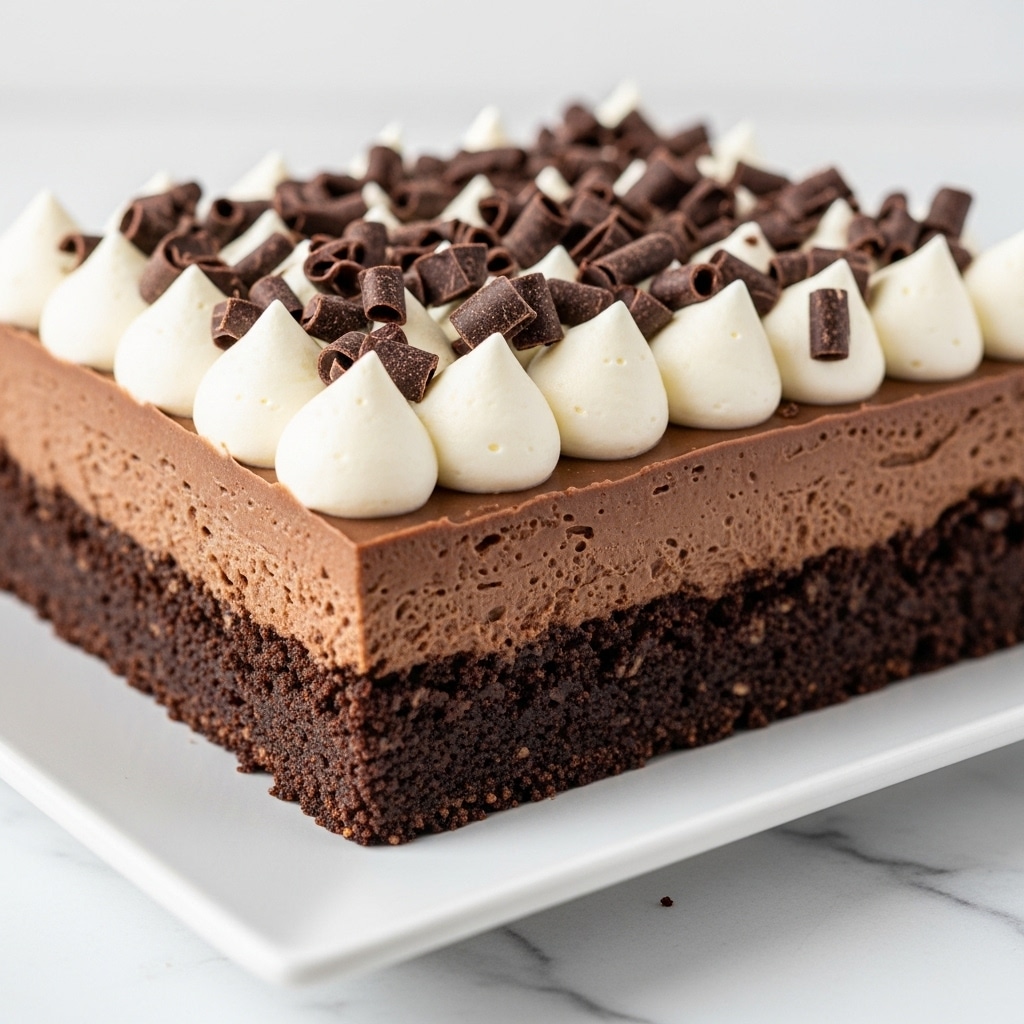 A square dessert with four thick layers is shown on a white rectangular plate. The bottom layer is a dark, crumbly chocolate crust with a rough texture. Above that is a smooth milk chocolate layer, slightly lighter in color. On top of this is a thick white cream layer, piped with soft swirls along the edges. The dessert is finished with large and small dark chocolate shavings scattered on the white cream, adding texture and contrast. The plate sits on a white marbled texture. Photo taken with an iphone --ar 4:5 --v 7
