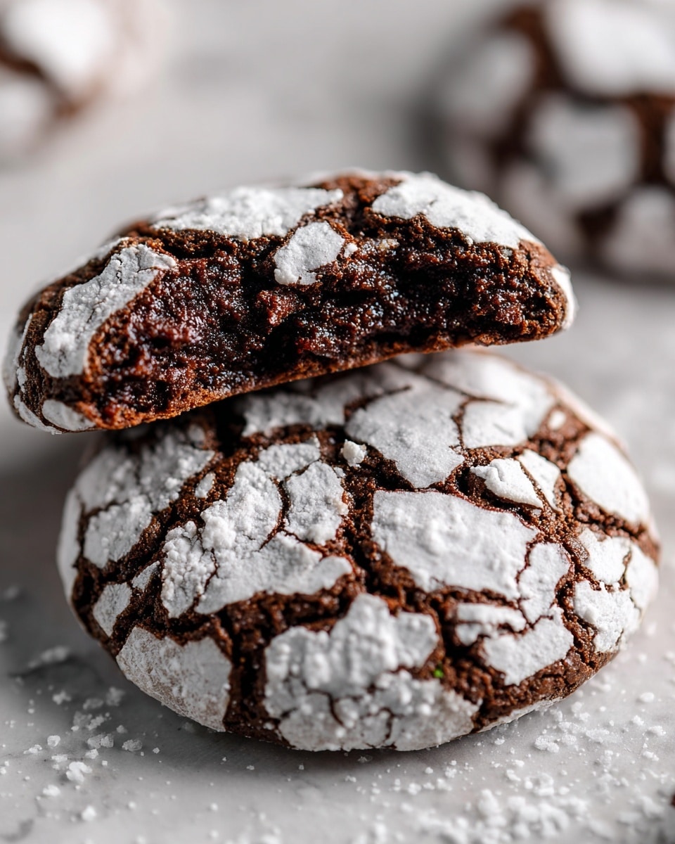 The image shows a close-up of two chocolate crinkle cookies on a white marbled surface, one cookie is whole while the other is partially bitten to reveal its moist, dark brown inside. Each cookie has a dark chocolate base that is soft with deep cracks all over, covered in a thick layer of white powdered sugar that creates a cracked pattern. The powdered sugar sits unevenly on the textured surface, highlighting the cookie's rough, slightly shiny exterior. The cookies appear thick and round, with a rustic, homemade look. Photo taken with an iphone --ar 4:5 --v 7