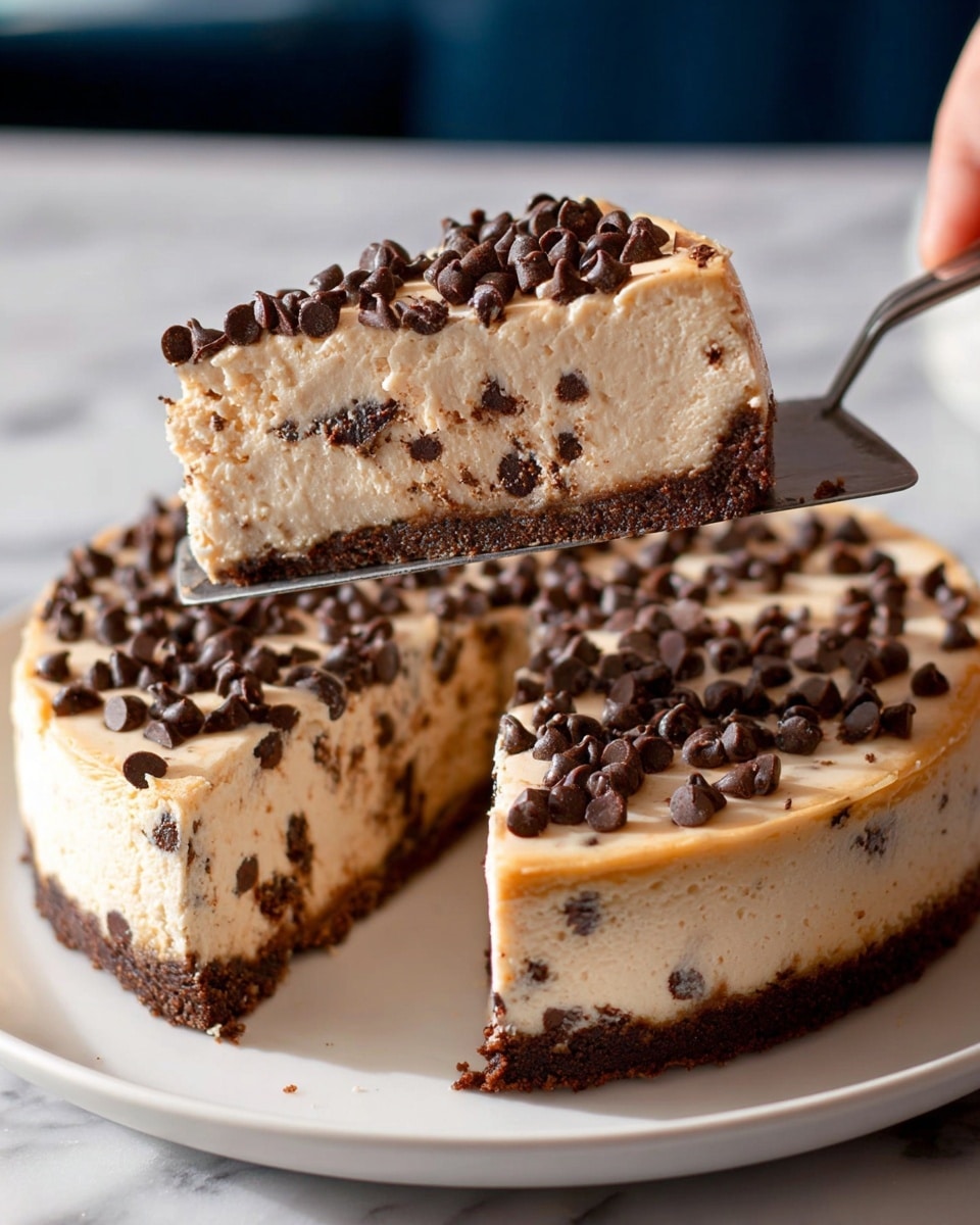 A slice of creamy cheesecake with three clear layers is being lifted by a woman's hand holding a cake server. The bottom layer is a dark brown, crumbly crust. The middle layer is thick, light beige cheesecake with small chocolate chips embedded inside. The top layer is a light cream layer with many small dark chocolate chips scattered over it. The rest of the cheesecake, also topped with chocolate chips, sits on a white plate and is placed on a white marbled surface. The image is well-lit showing the rich texture and colors of the cheesecake. photo taken with an iphone --ar 4:5 --v 7