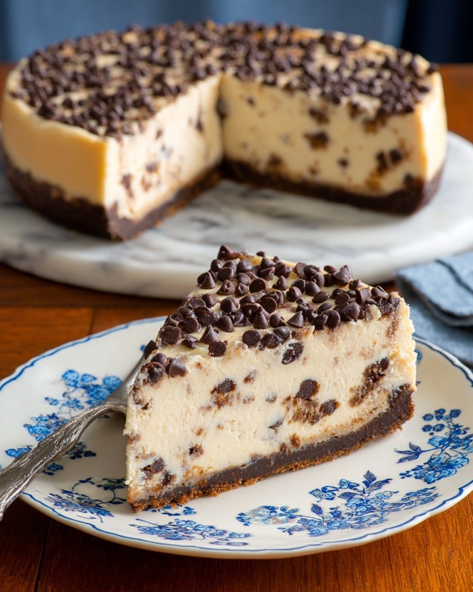 A slice of cheesecake with three visible layers sits on a white plate decorated with a blue floral pattern. The bottom layer is a dark brown crust, the thick middle layer is creamy beige with small chocolate bits inside, and the top layer is a light cream color sprinkled generously with small dark chocolate chips. The full cheesecake in the background shows the same three layers and chocolate chip topping, with one slice missing. The scene is set on a wooden table with a white marbled texture in the far background. Photo taken with an iphone --ar 4:5 --v 7