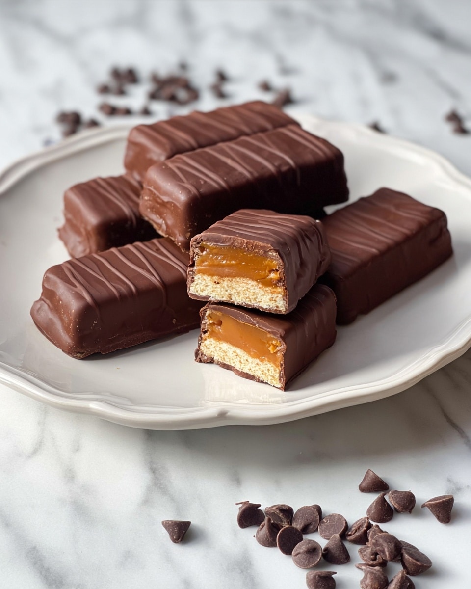 Five chocolate-covered rectangular bars are stacked on a white, scalloped plate placed on a white marbled surface. Each bar is smooth and coated in dark brown chocolate with thin darker chocolate lines drizzled over the top for texture. Four bars lie flat side by side, and one bar is positioned on top horizontally, showing its full length. The chocolate has a slight shine, and the edges are clean and firm. photo taken with an iphone --ar 4:5 --v 7