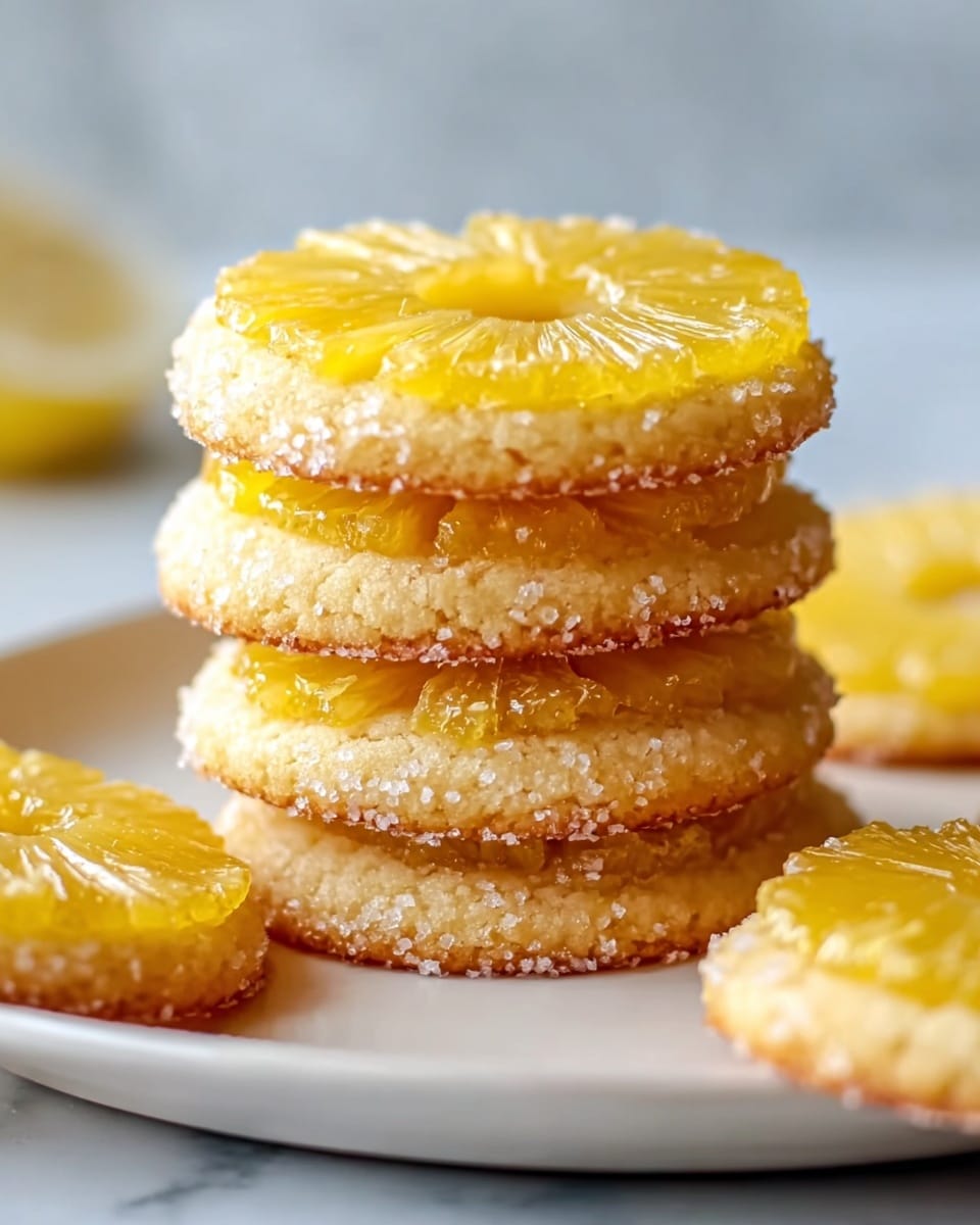 A stack of four pineapple cookies is shown, each cookie having two layers. The bottom layer is a thick, light golden cookie with a grainy sugar texture on the edges. The top layer is a thin, translucent pineapple slice with a glossy surface and a dusting of sugar crystals in the center that spread lightly to the edges. The pineapple slice’s pattern radiates from the center like flower petals. The cookies are stacked closely on a white plate, and the background is a white marbled texture. Photo taken with an iphone --ar 4:5 --v 7