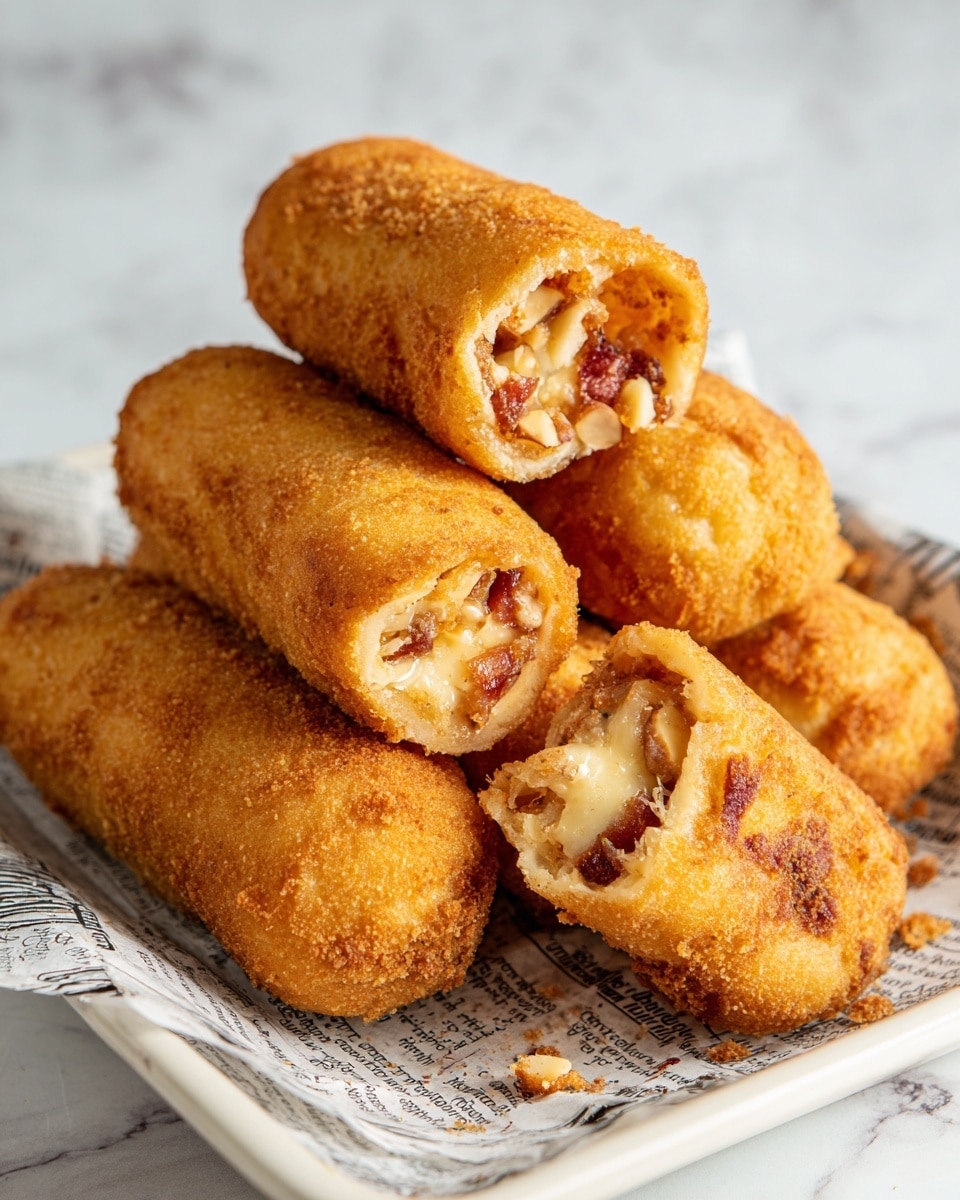 This image shows several golden-brown corn dogs stacked on a white tray lined with newspaper print paper. One corn dog, positioned near the center and in front, is bitten into, revealing multiple layers inside: a crispy outer cornmeal batter layer, a layer of a reddish filling, and a core containing melted cheese and chopped nuts, showing a mix of soft and crunchy textures. The surface beneath the tray is a white marbled texture. photo taken with an iphone --ar 4:5 --v 7