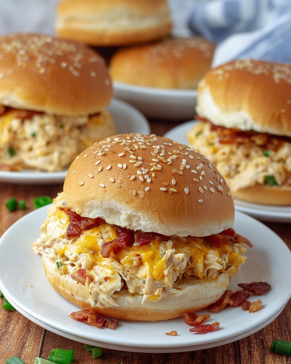 The image shows a close view of a sandwich on a white plate, placed on a wooden table with some green and brown bits scattered around. The sandwich has three main layers: a sesame seed-topped bun in light brown on the top and bottom, a thick middle layer of creamy shredded chicken mixed with melted yellow cheese, and crunchy pieces of reddish-brown bacon mixed within the chicken filling. In the background, there are two more sandwiches with the same layers on white plates as well as two plain sesame seed buns stacked together, all on the white marbled surface. photo taken with an iphone --ar 4:5 --v 7