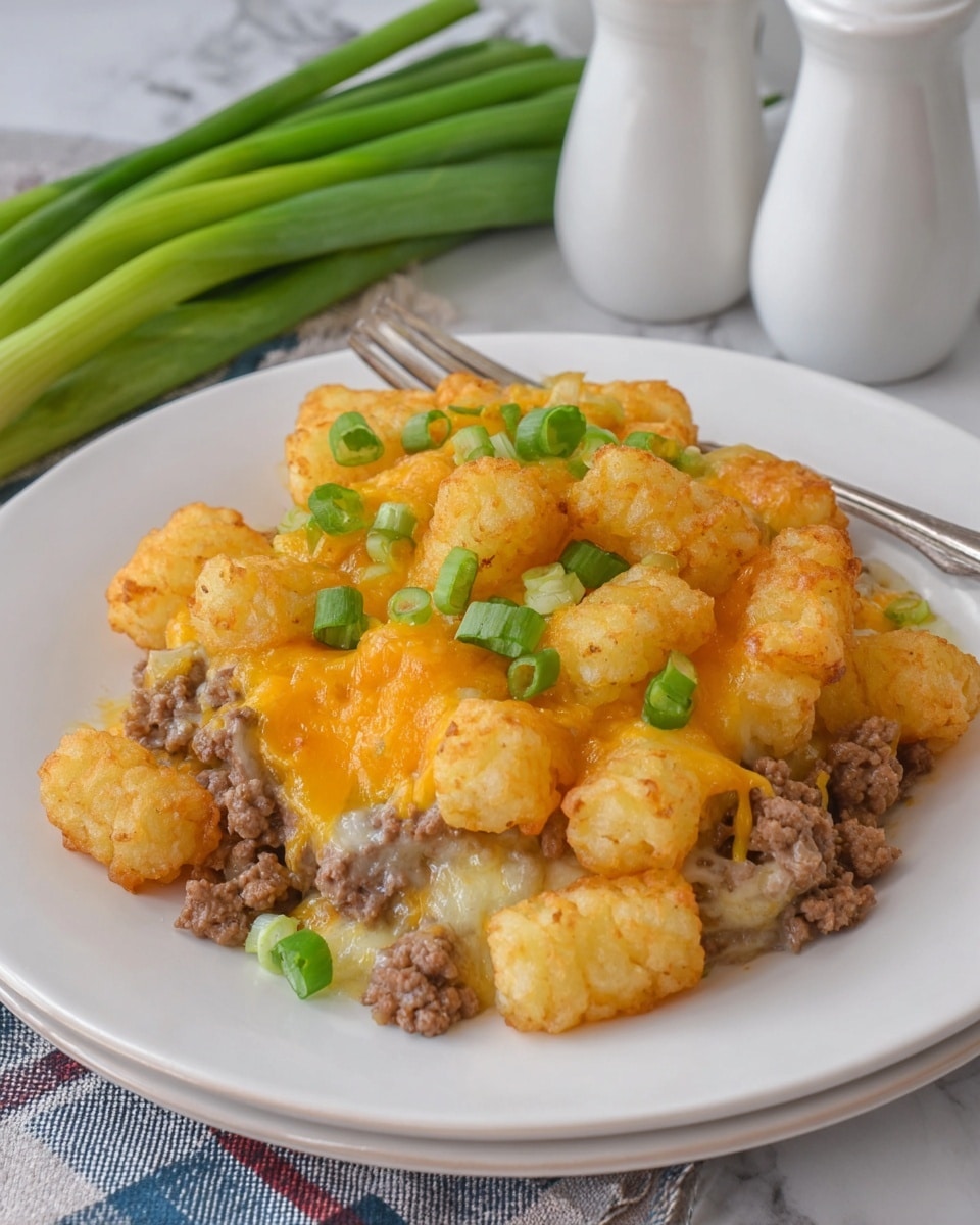 The dish is served on a white plate featuring a creamy, layered casserole made of browned ground meat mixed with melted orange cheese and diced onions, creating a textured base. On top of the meat layer rests a thick all-over layer of golden, crispy tater tots that are slightly browned on the edges, adding a crunchy texture. The casserole is garnished with bright green sliced scallions scattered evenly over the top, providing a fresh color contrast. In the background, green onions and white ceramic salt and pepper shakers sit on a white marbled surface. photo taken with an iphone --ar 4:5 --v 7