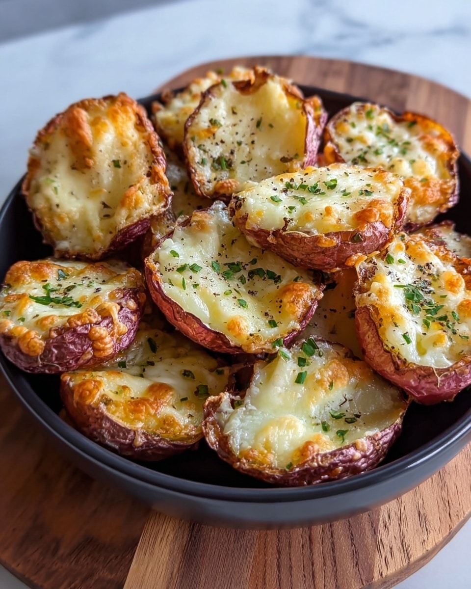 A black bowl is filled with multiple potato halves that are baked with a layer of melted golden-brown cheese on top, sprinkled with small green herbs and black pepper. The potato skins are reddish-brown and crispy, while the inside layers show soft creamy white potato flesh beneath the melted, bubbly cheese. The bowl sits on a round wooden board with a white marbled texture surface in the background. photo taken with an iphone --ar 4:5 --v 7