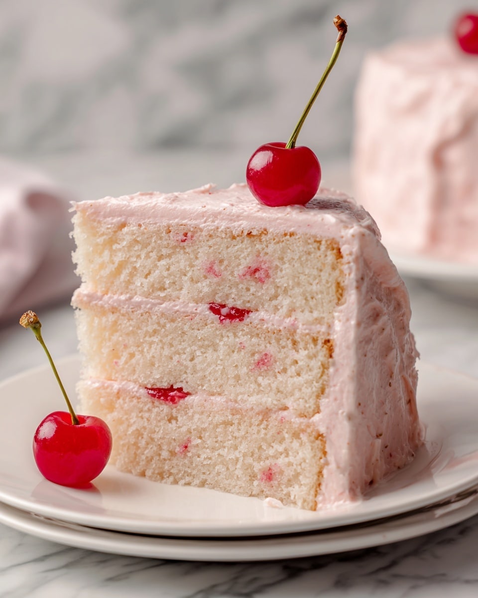 A slice of two-layer white cake with a soft and fluffy texture is shown on a white plate. The layers are separated and covered by a smooth, light pink frosting that looks creamy and has small red specks inside. There is a single red cherry embedded in the pink frosting between the cake layers, and one red cherry with a stem is placed beside the cake on the plate. The background is a white marbled texture. photo taken with an iphone --ar 4:5 --v 7