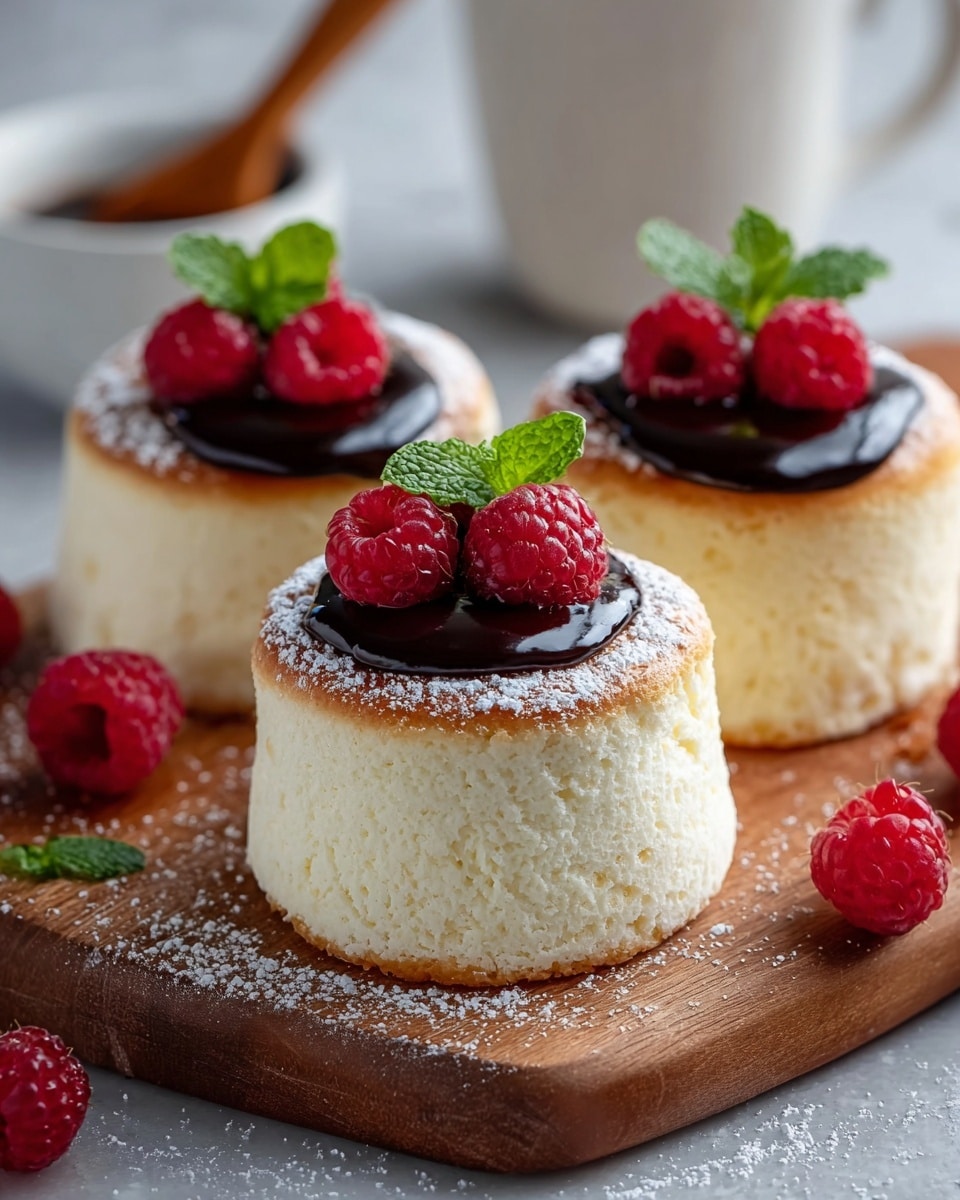 The image shows three fluffy, tall, round cakes with a soft, light cream color and a slightly browned top layer. Each cake has a shiny, dark chocolate sauce dollop on top, layered with bright red raspberries and a small bright green mint leaf for garnish. The cakes are lightly dusted with fine white powdered sugar. Around the cakes, there are extra fresh raspberries scattered on a wooden board surface. In the background, a white cup with a wooden spoon inside is slightly blurred, all set on a white marbled texture surface. photo taken with an iphone --ar 4:5 --v 7