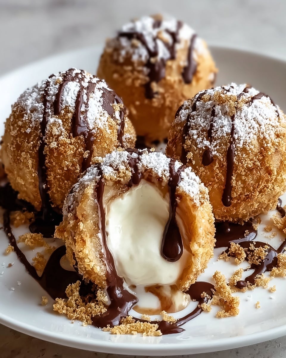 The image shows four round dessert balls on a white plate with a white marbled texture background. Each ball has a crunchy golden crumb-coated outer layer. One ball is cut open at the front, revealing a creamy white filling inside. All balls are topped with a dusting of white powdered sugar and dark chocolate syrup drizzled over them, with some chocolate pooling on the plate underneath. Crumbs and powdered sugar are scattered around the balls, giving a textured and rich look. Photo taken with an iphone --ar 4:5 --v 7