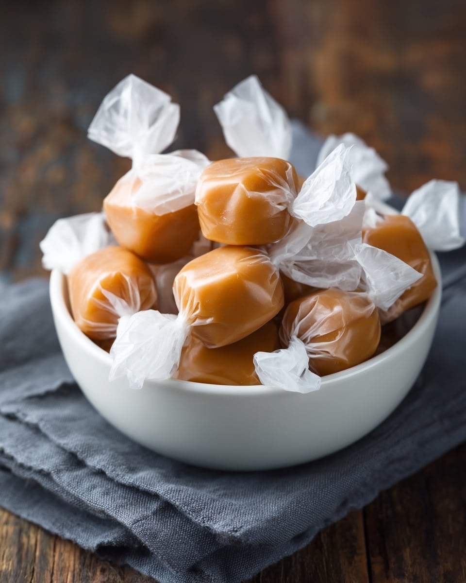 The image shows a white bowl filled with about nine light brown caramel candies individually wrapped in slightly crinkled, translucent white wrappers twisted at the ends, giving a soft shine to each candy. The bowl is placed on a dark gray cloth napkin on a rustic wooden surface, all set against a softly blurred dark background. The light caramel color contrasts with the white bowl and wrappers, making the candies look smooth and rich. photo taken with an iphone --ar 4:5 --v 7